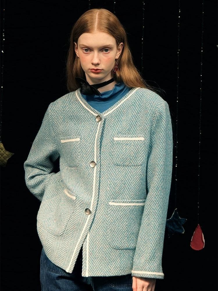 Herringbone pattern wool tweed jacket【s0000005949】