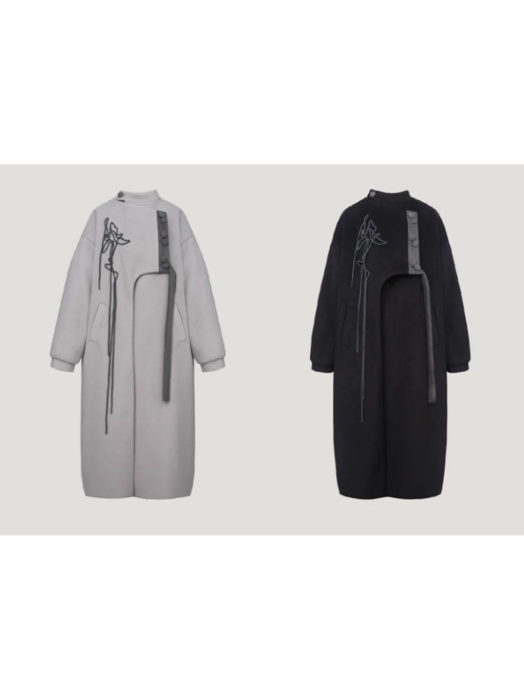 Iris Embroidery Chinese Style Asymmetry Mid Length Coat【s0000004392】