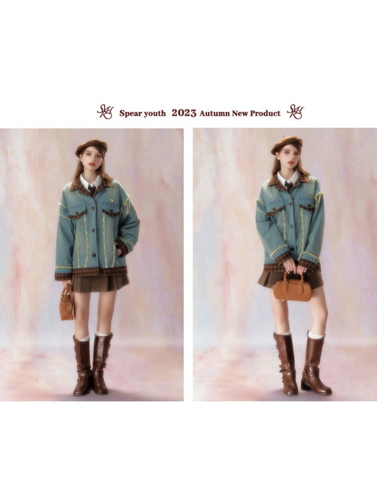 Floral Splicing Washed Draw Edge Denim Jacket【s0000006468】