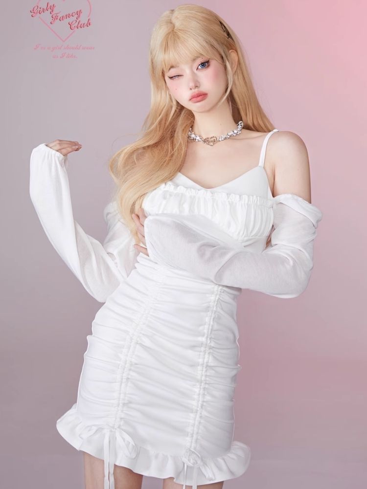 Ruffle Halter Strapless Long Sleeve Dress【s0000006354】