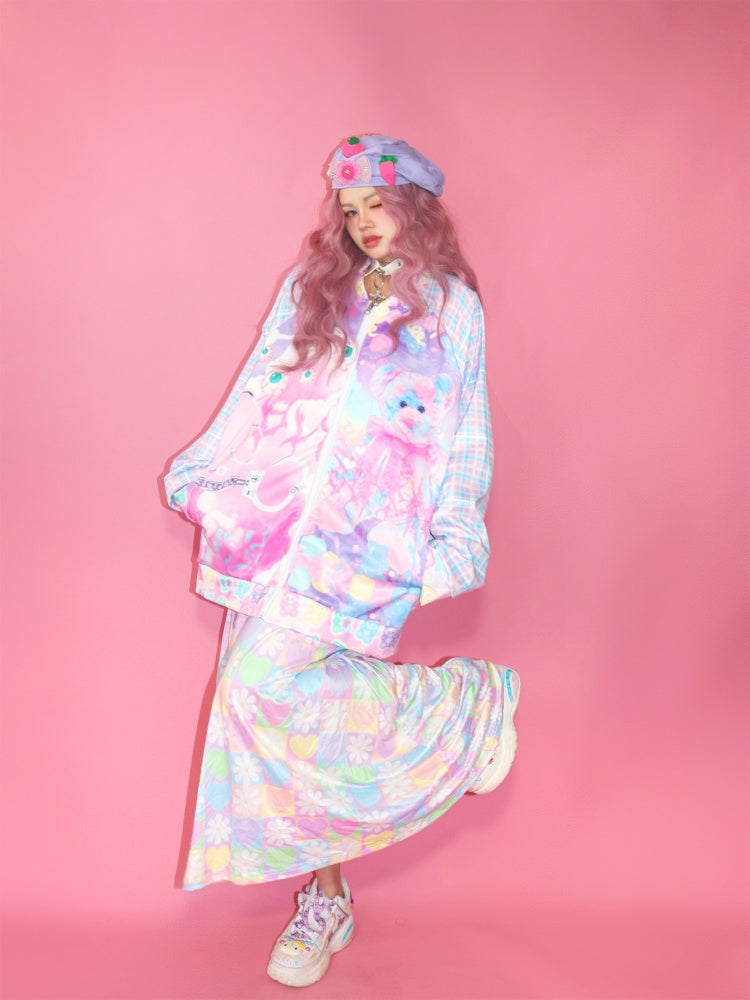 Flower Chess Board Print Long Dress【s0000003569】