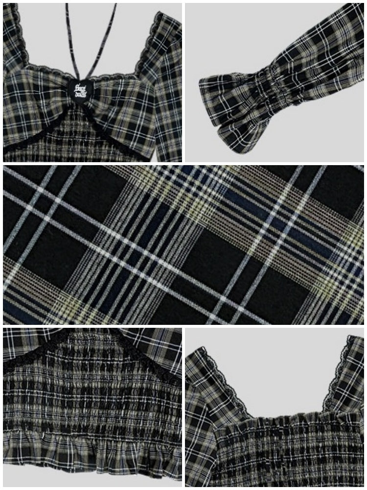 Plaid Halter Neck Puff Sleeve Tops【s0000003826】