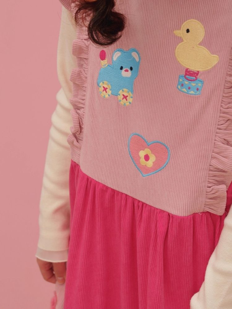 Retro Showa Raspberry Pink Toy Collage Lace Tank Dress【s0000004299】