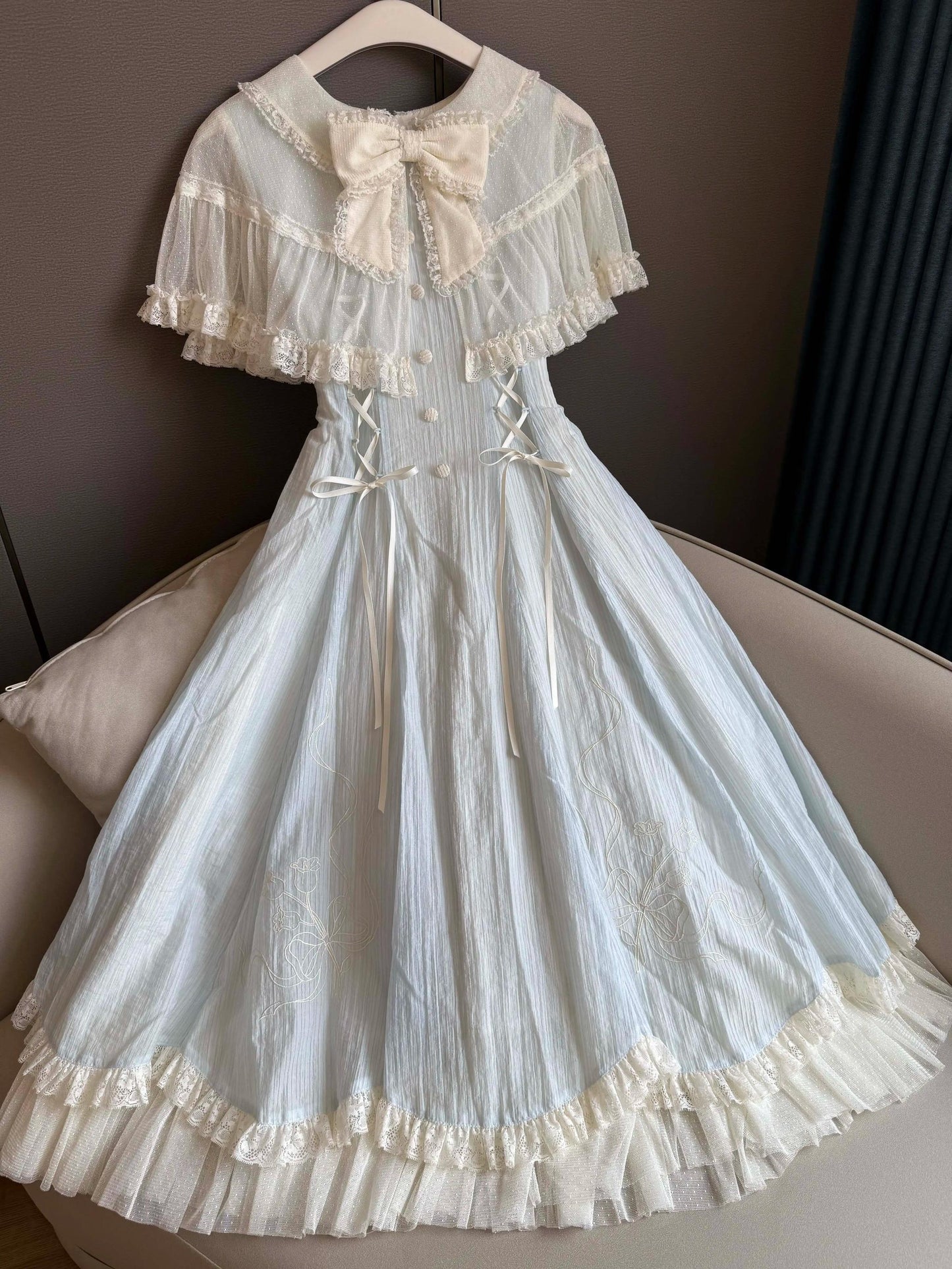 Kuma - Little Wind Chime - Elegant Lolita OP Water Blue Dress With Decorative Tulle Cape