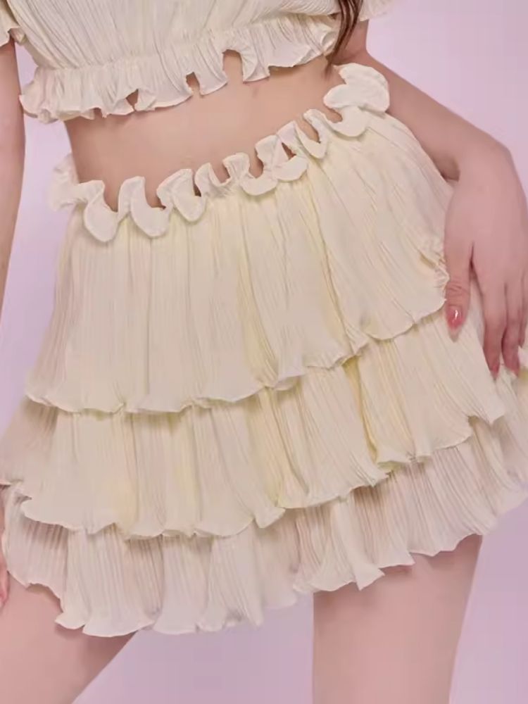 One Strapless Short Top Wooden Ear Trim Puffy Cake Skirt Set【s0000006608】