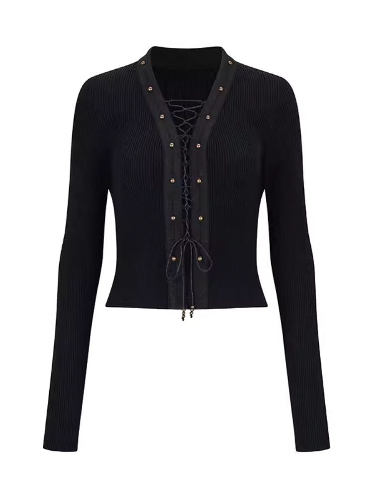 Bronze rivets braided rope hollow thin short knit sweater【s0000008184】