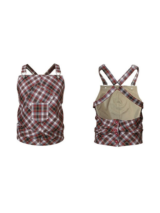 Checked Back-Open Back-Cross Girly Tops