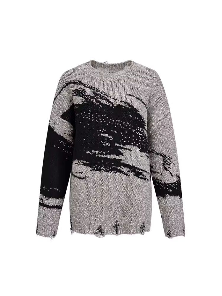 Jacquard Crew Neck Silhouette Knit Sweater【s0000006397】