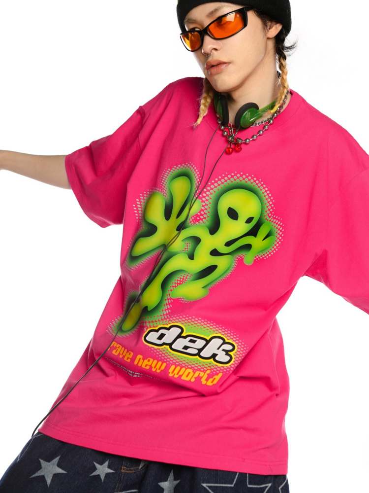 Alien Print Round Neck Loose T-Shirt【s0000008559】