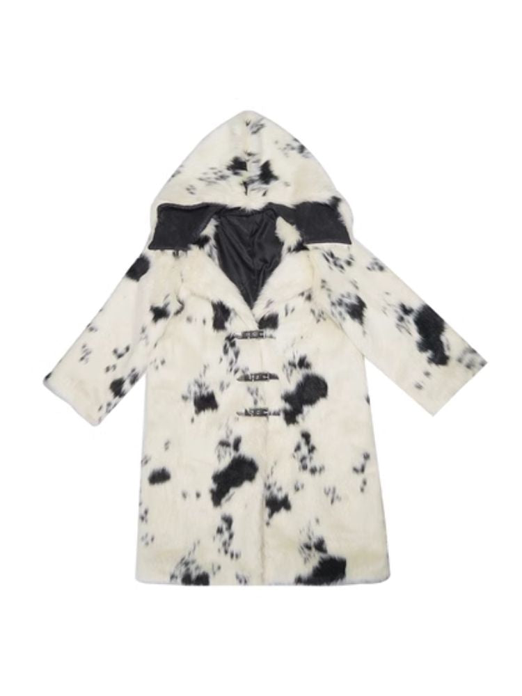 Hooded fur cow print long sleeve plush coat【s0000005068】