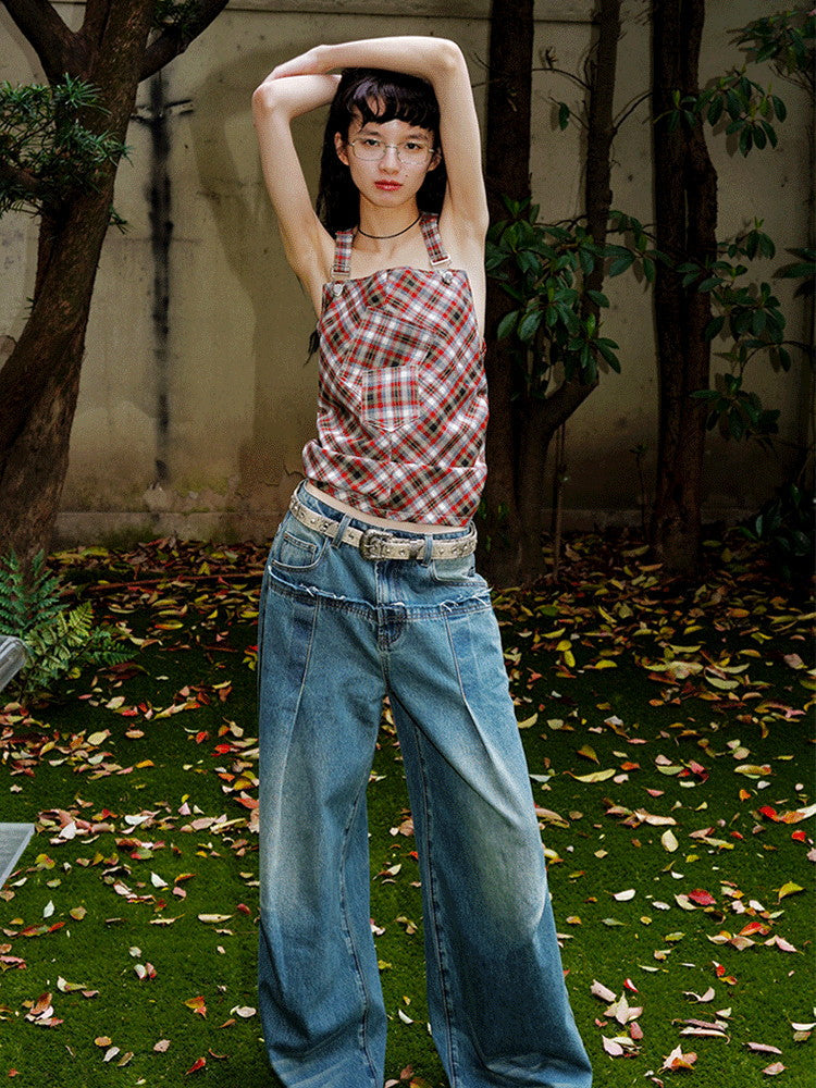 Back-Open Suspenders Checked Retro Patchwork Tops