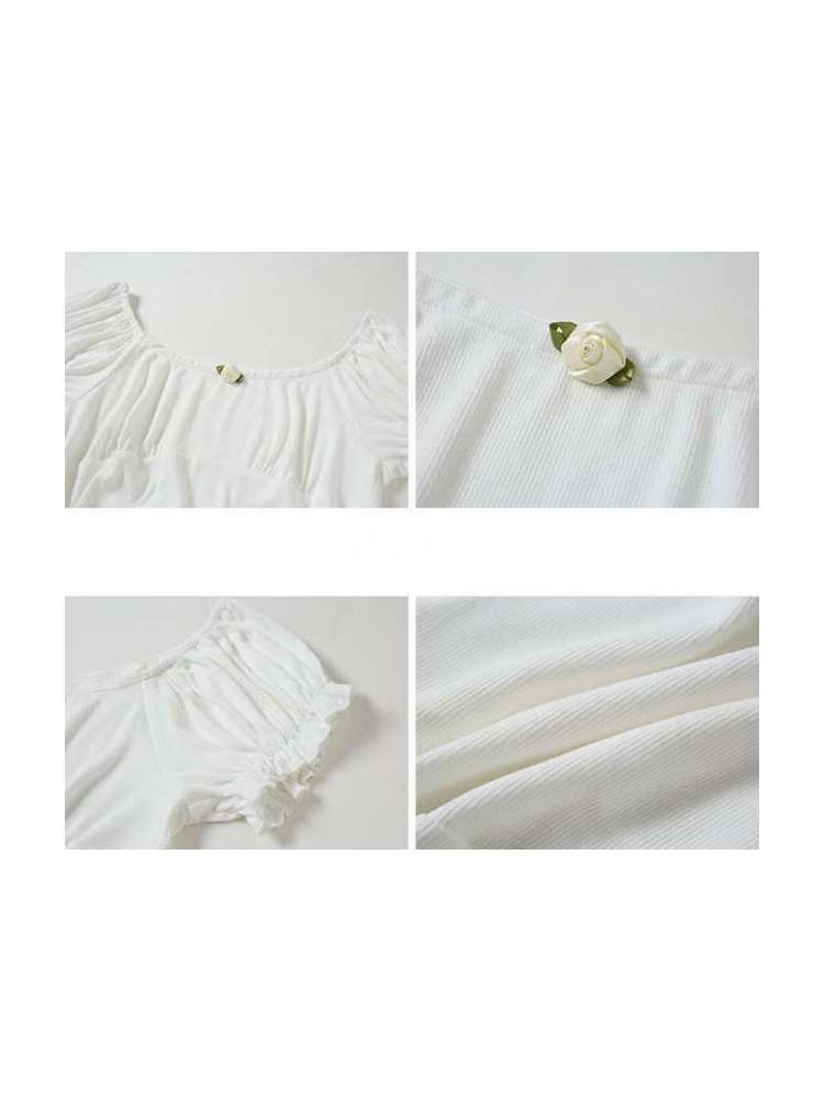 Rose Corsage Puff Sleeves Ballet T-Shirt【s0000007380】