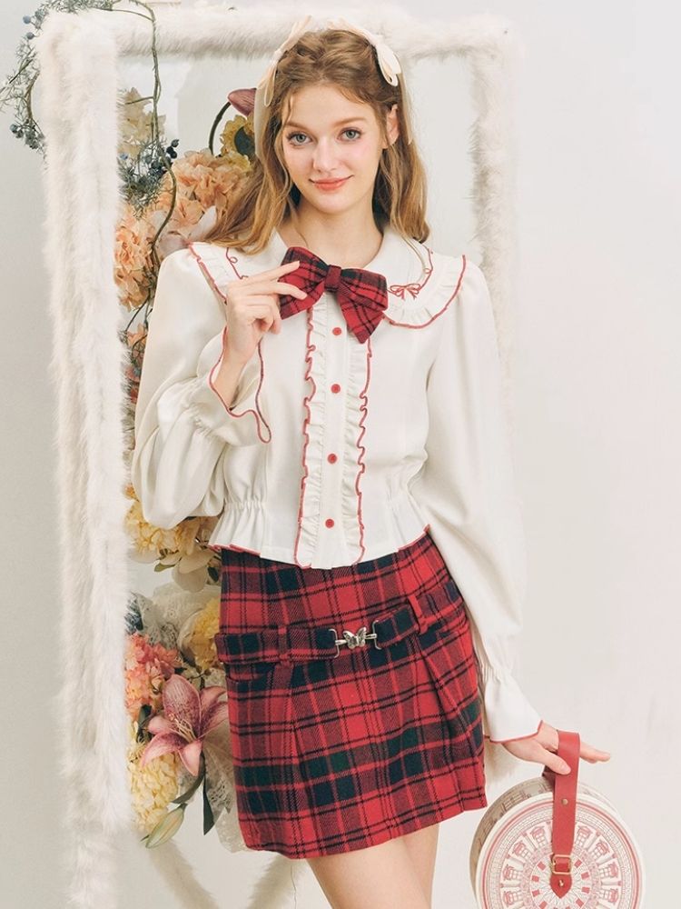 Christmas red wool plaid skirt tweed bustier【s0000004607】