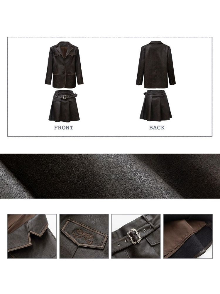 Retro brown leather jacket and skirt【s0000003352】