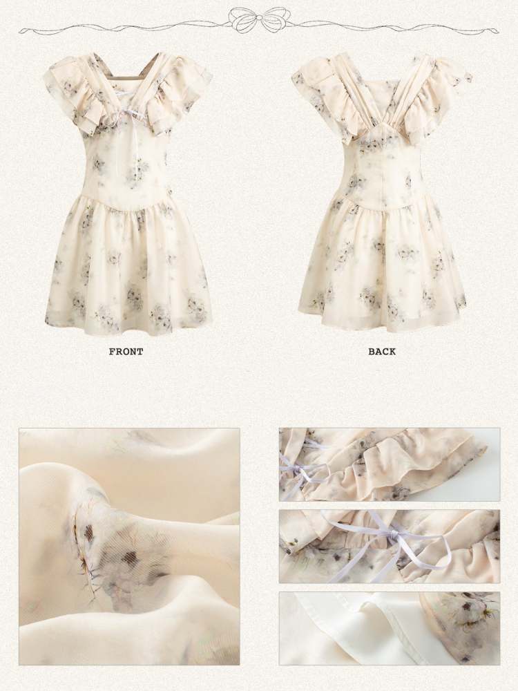 Floral Square Neck Ruffle Sleeve Dress【s0000008076】