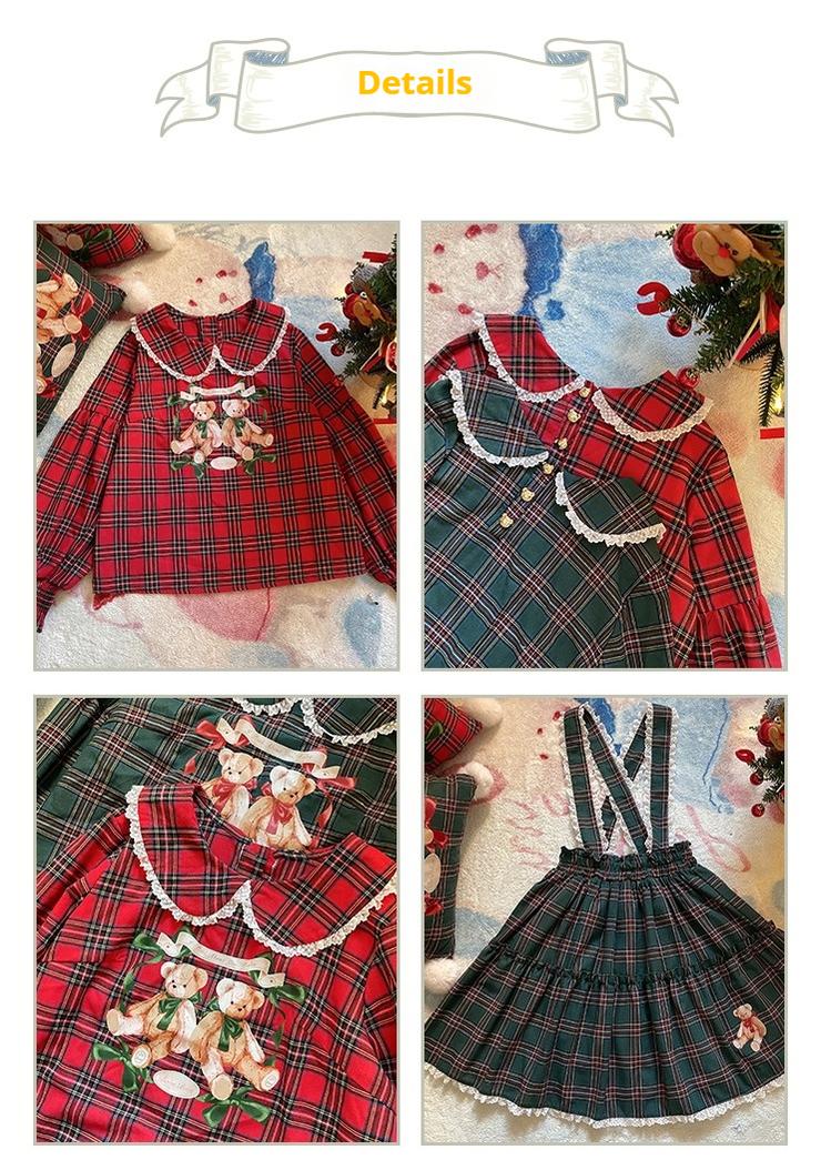 Labeau - Christmas Vintage Lolita Skirts Doll Collar Blouse Plaid Skirt Set