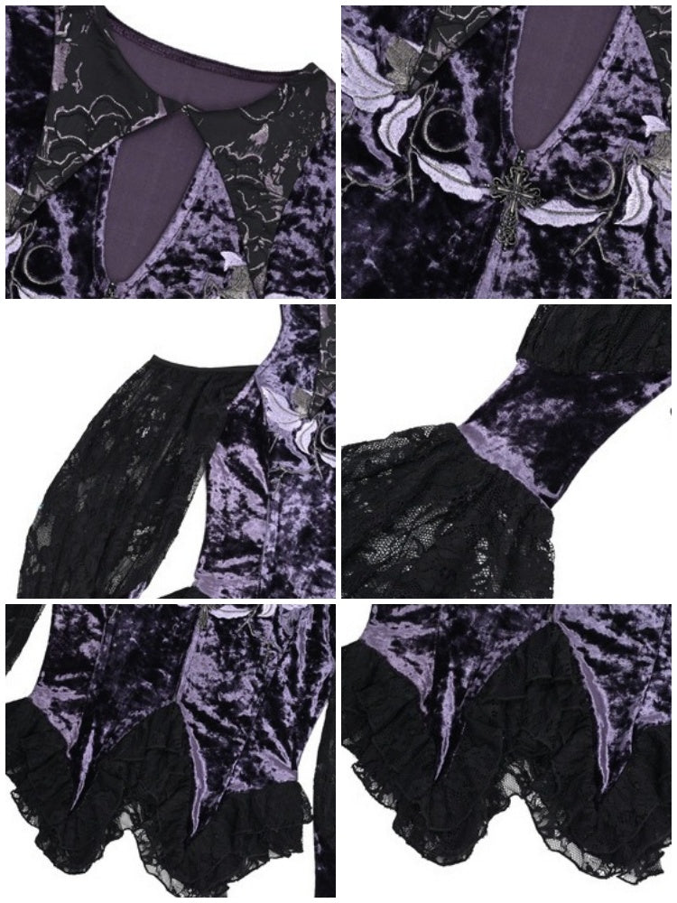 Gothic Velvet Open Shoulder Lace Flower Blouse【s0000003868】