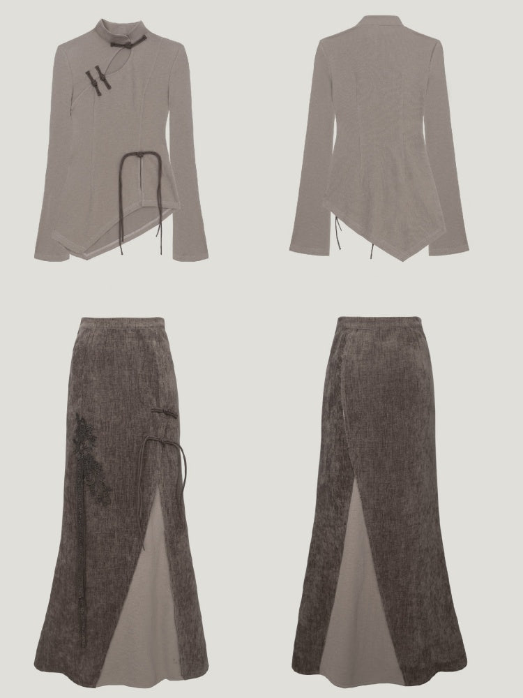 Chinese Style Cut Out Mao Collar Tops & Splicing Maxi Skirt【s0000004408】