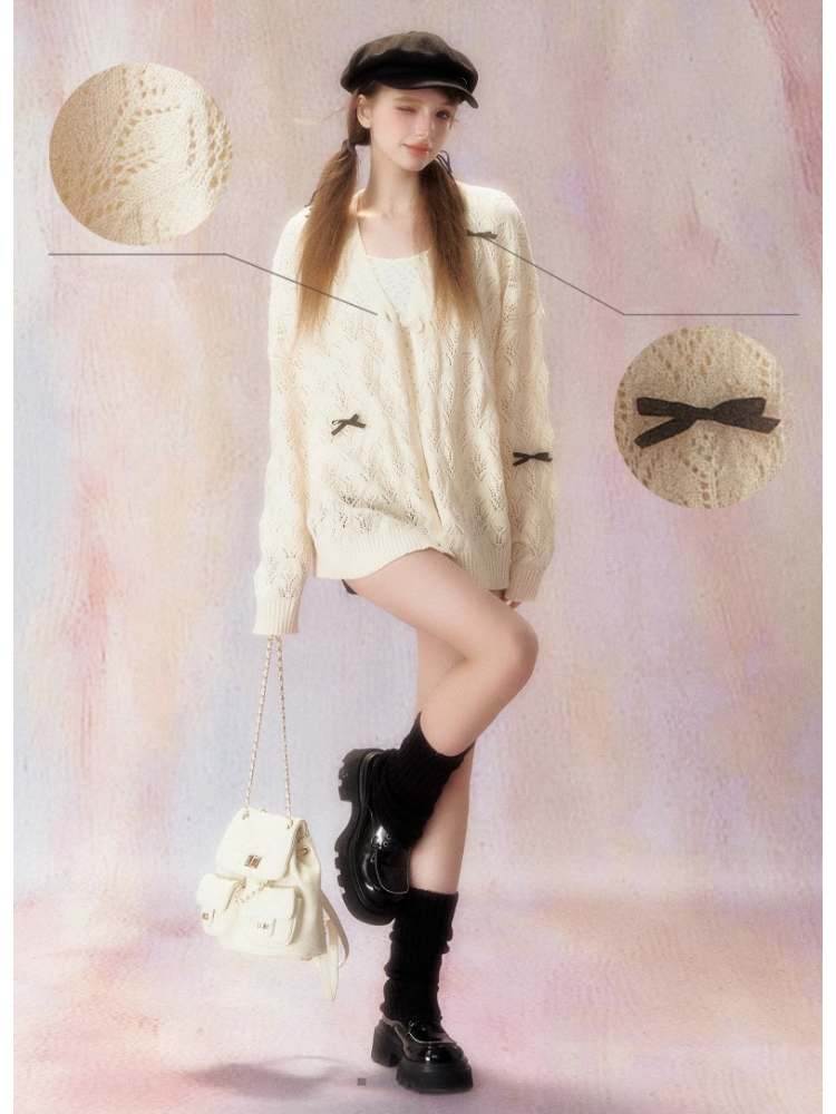 Ribbon Race V-Neck Knit Cardigan【s0000006475】