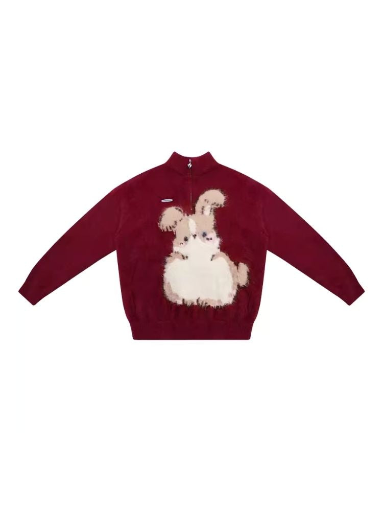 Half High Neck Plush Rabbit Red Sweater【s0000006166】