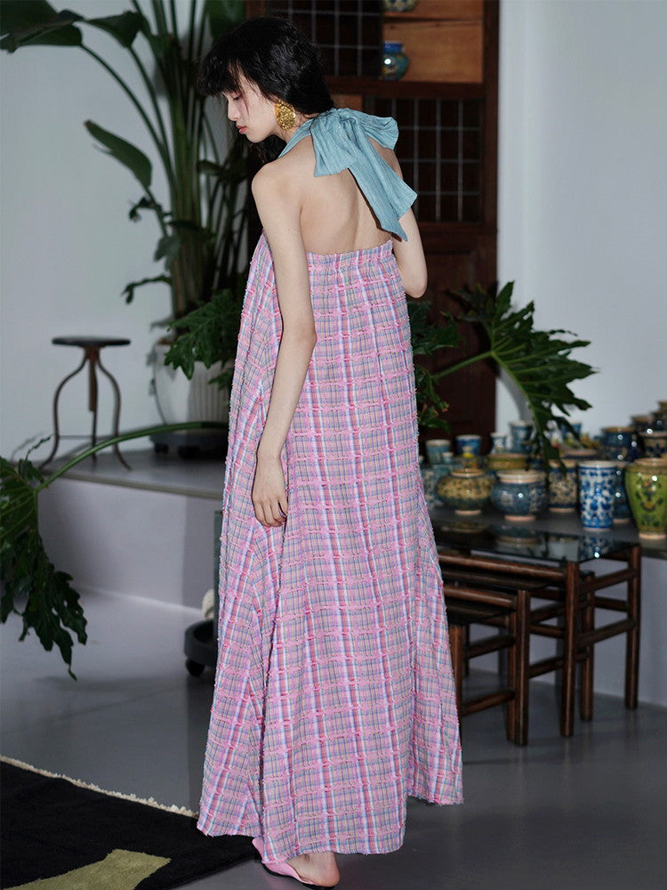 Halter-Neck Checkde Ribbon Long Summer Dress