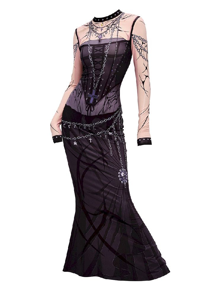 Witch Print Long Sleeve Fishtail Dress【s0000010231】