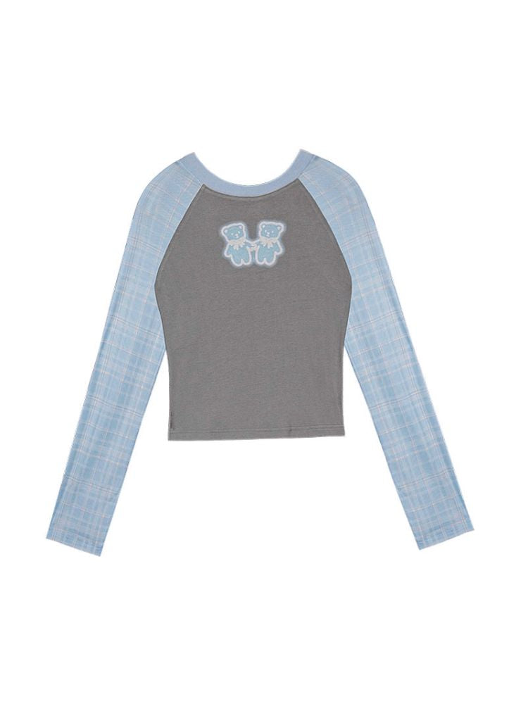 Plaid splicing shoulder insert long-sleeved T-shirt【s0000010106】