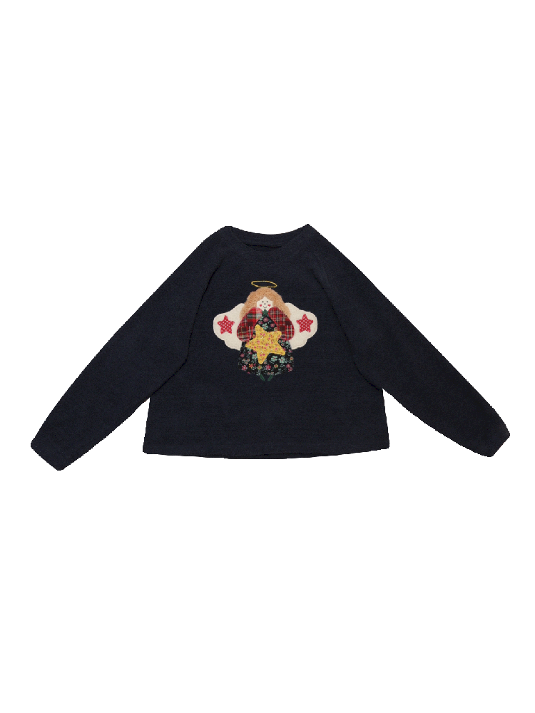 Girly Cherub Appliqued Plush Tibetan Blue Sweater【s0000005580】