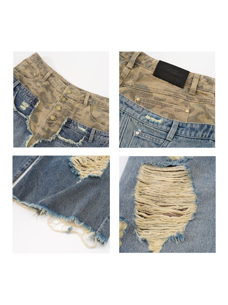 Low-rise ripped camouflage patchwork denim【s0000008505】