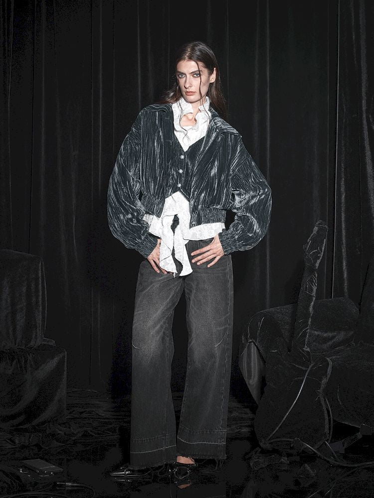 Fake Two Piece Blue Velvet Short Jacket【s0000005451】