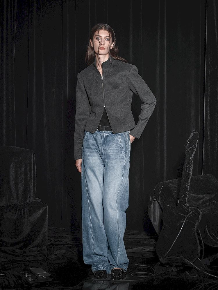 Double zipper tweed fitted wool jacket【s0000005455】