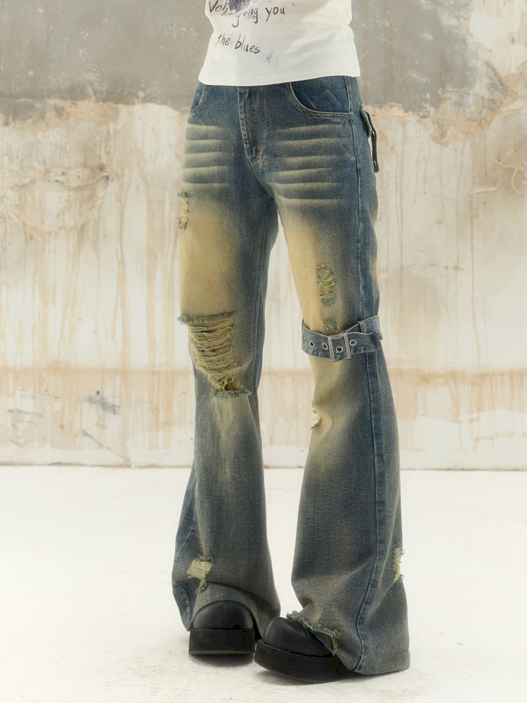 Washed and worn holes low-rise denim pants【s0000008391】