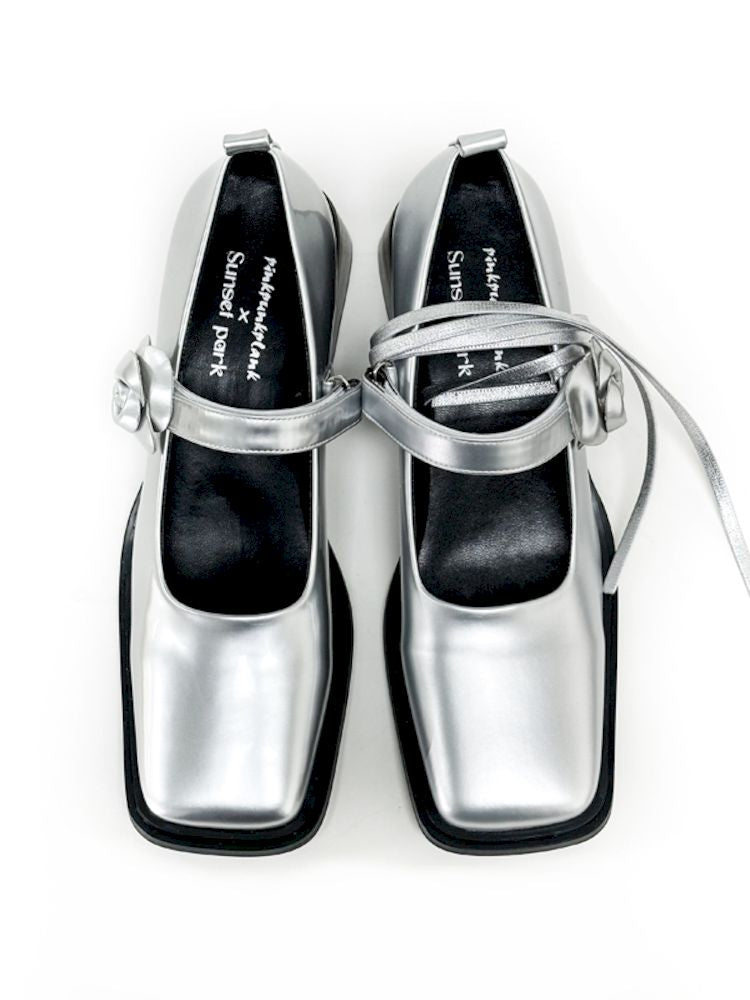 Silver Camellia Square Toe Mary Jane Leather Shoes【s0000006664】
