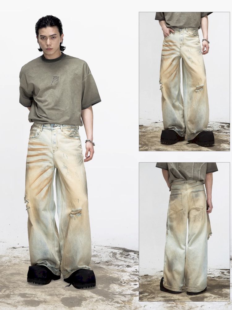 Yellow mud dyed washed and old worn holes straight jeans【s0000008491】