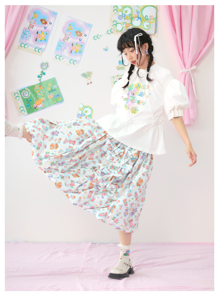 Colourful Printed Bowknot Blue Large Silhouette Half Skirt【s0000009073】