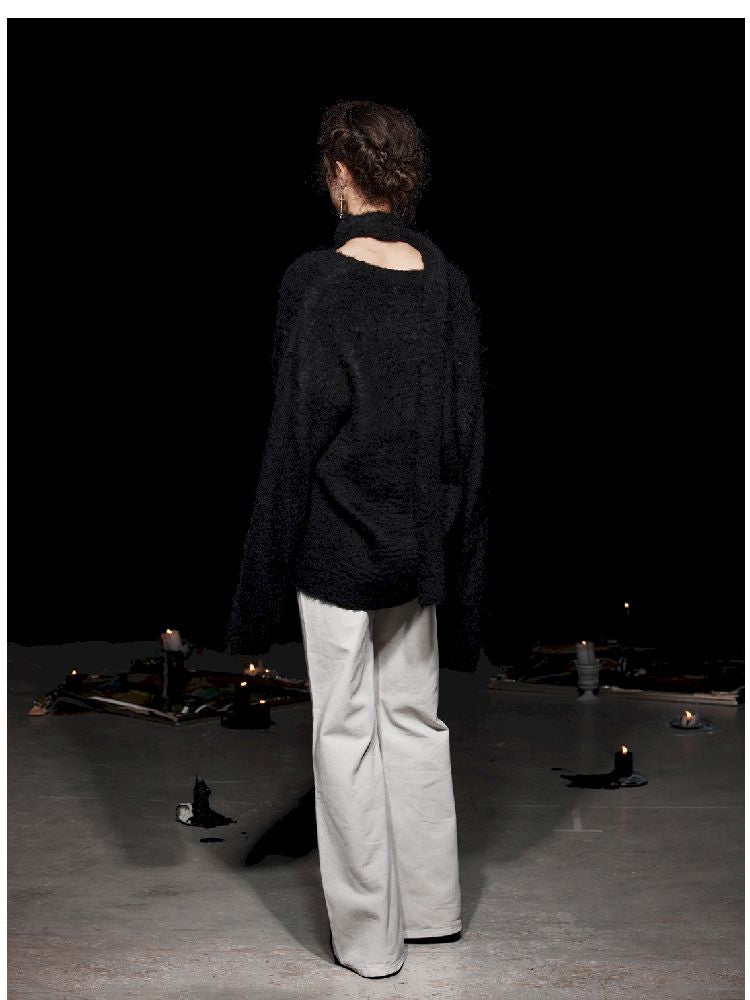 Loose V-Neck Wool Sweater with Scarf【s0000005478】