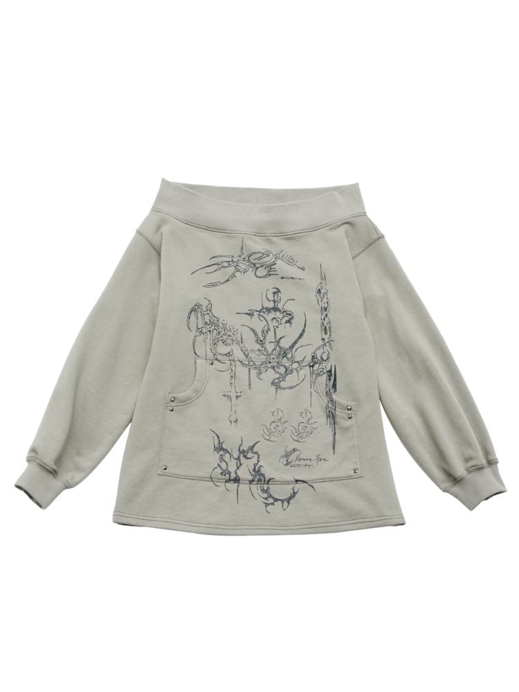 Loose One Shoulder Printed Studded Sweatshirt【s0000007901】