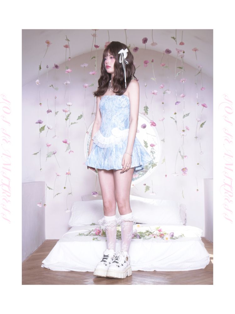 Denim Composite Lace Sheath Pleated Dress【s0000007876】