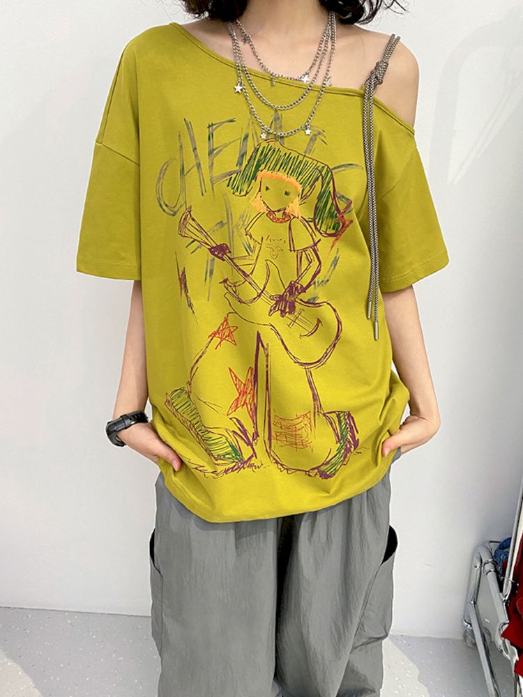 Roll Zone Painter" Off-shoulder Short Sleeve T-Shirt【s0000008870】"