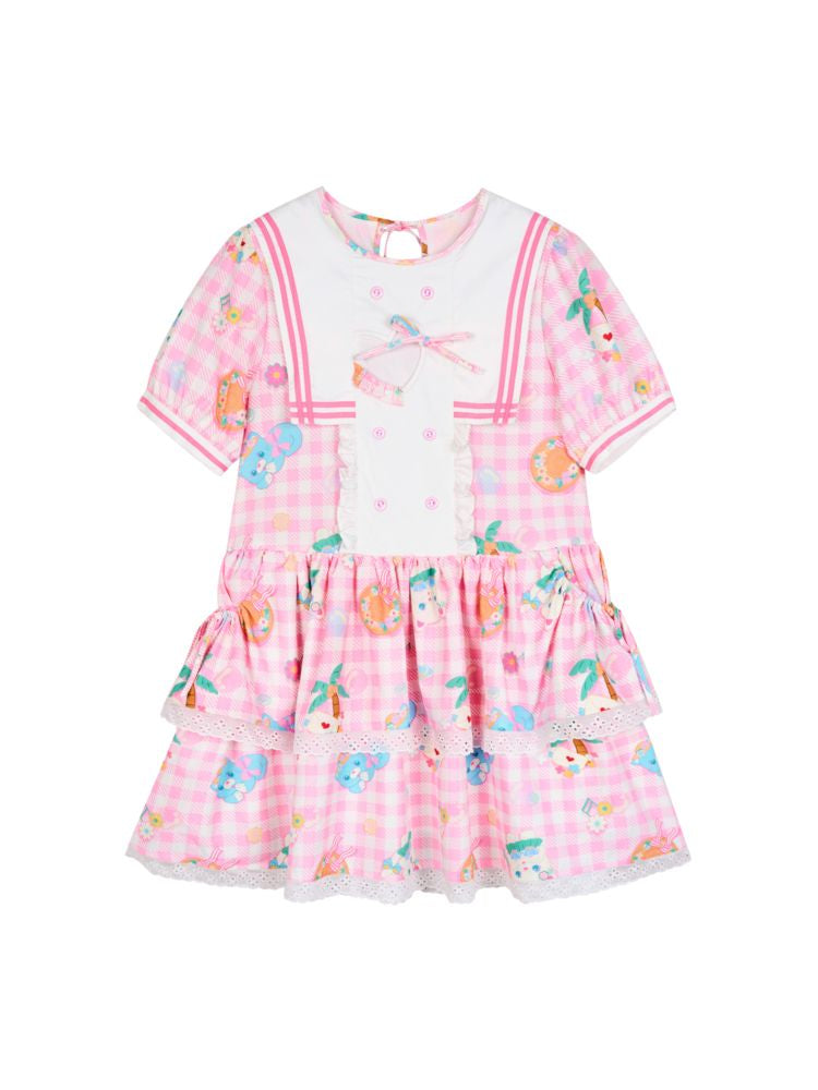 Navy Neck Plaid Cat Print Cake Dress【s0000009071】