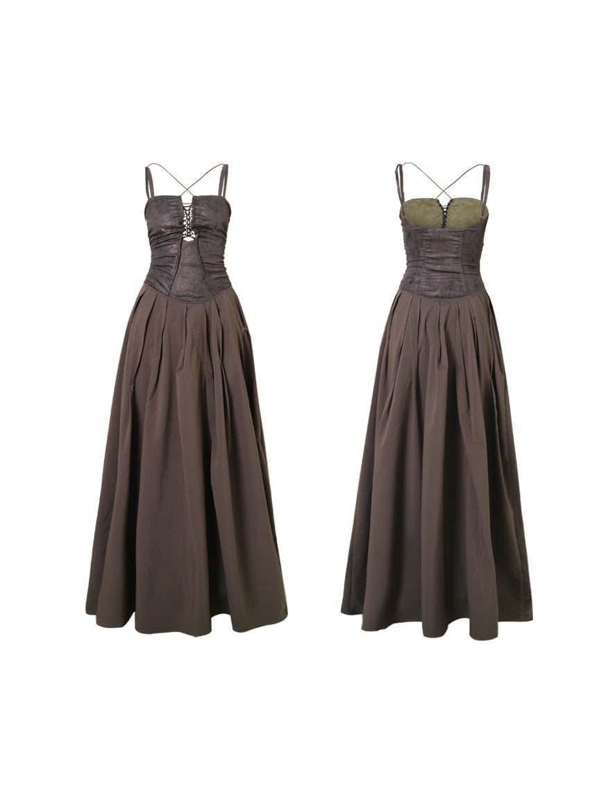 Polarized Faux Leather Hollow Suspender Long Dress