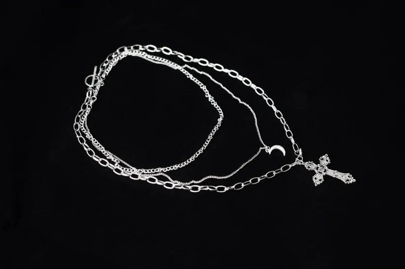 Strange Sugar - Gothic Lolita Necklace Triple Layer Metal Cross Sweater Chain