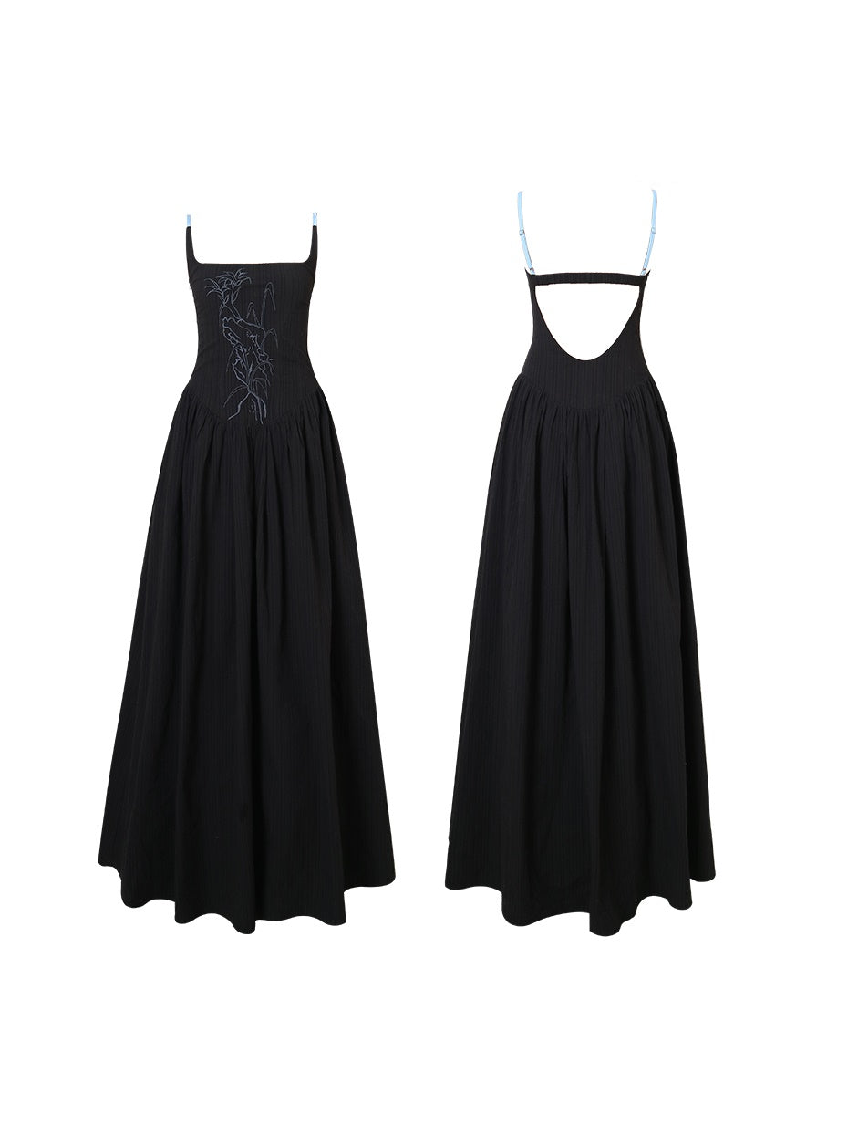 Embroidered Long Backless Sling Dress