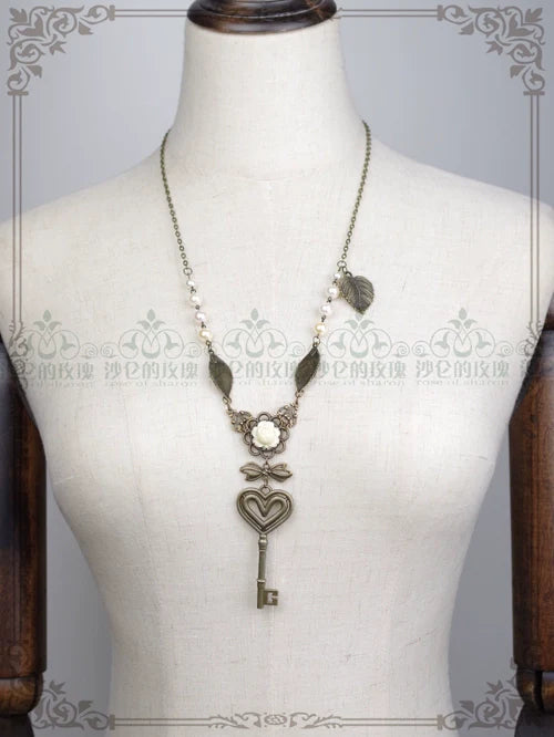 Rose of Sharon - Garden Key - Retro Lolita Necklace Long Pearl Sweater Chain