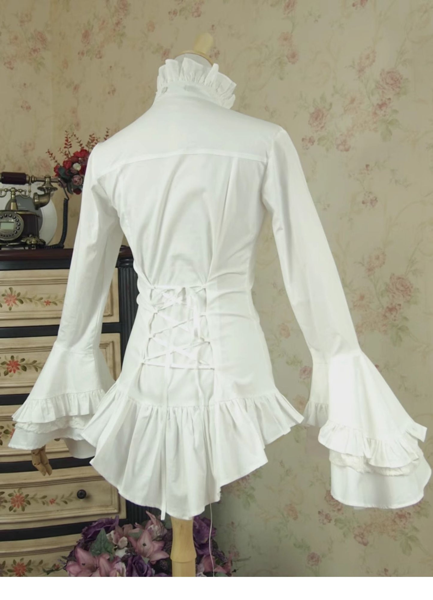 Lace Garden - Dark Angel - Gothic Lolita Shirt with Long Sleeve and Ruffled Long Tail