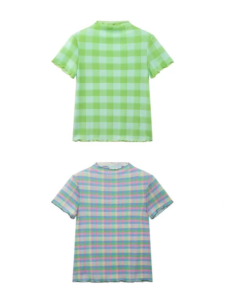 Plaid mesh lace short sleeve tops【s0000009055】