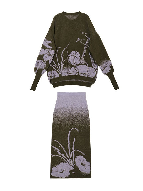 Knitted Jacquard Sweater & Skirt