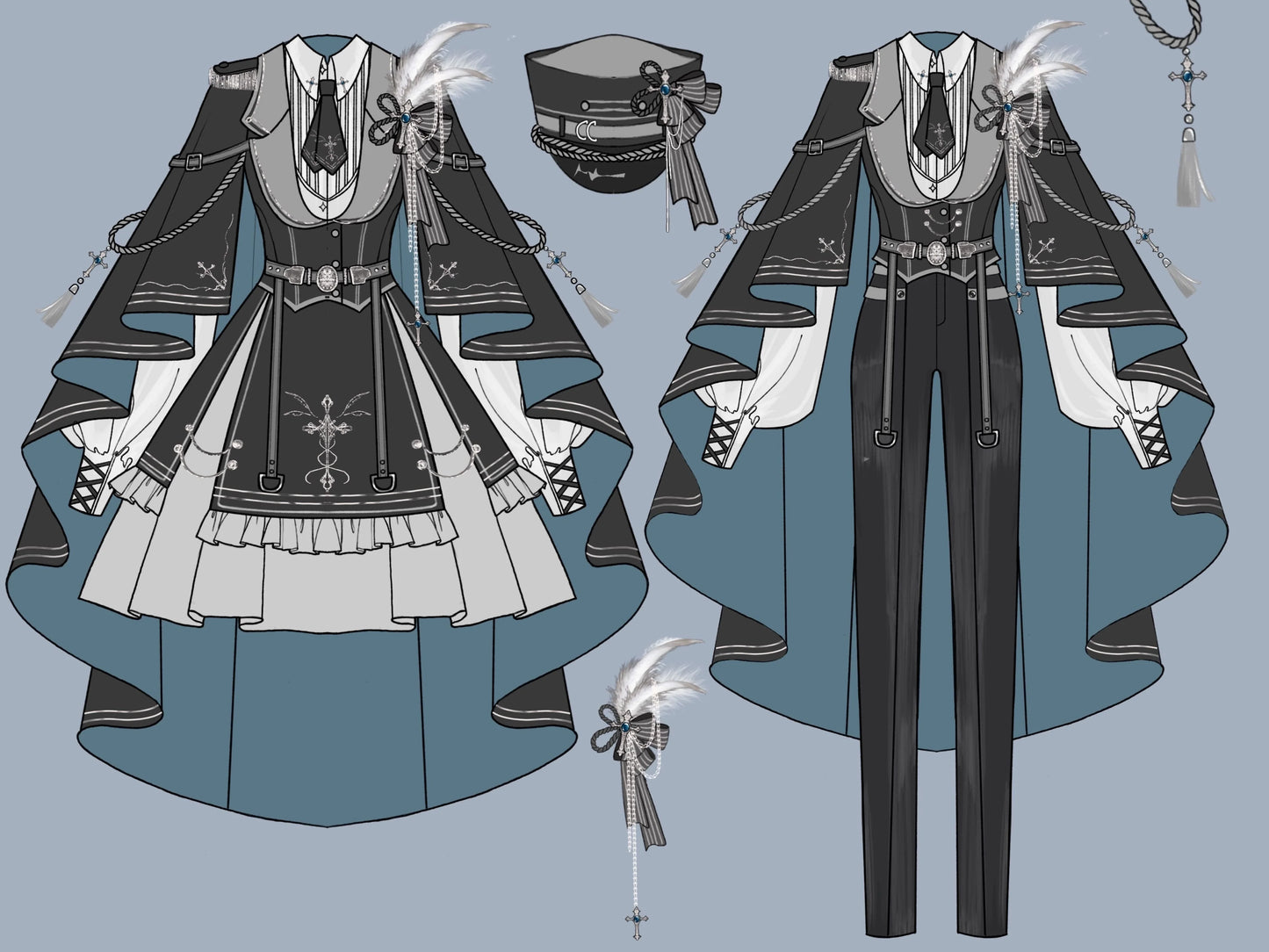 CHUNLV LOLITA - Dark Night Contract - Blue Military Lolita Pants Long Cape Couple Suit