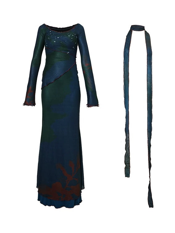 Chinese Style Printed Mesh Slim Long Dress