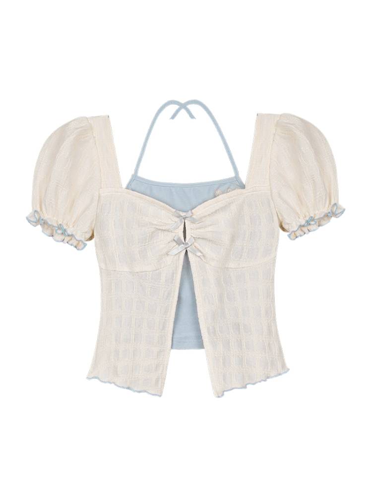 Fake two-piece puff sleeve top【s0000008924】